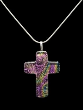 HANDMADE DICHROIC ART FUSED GLASS CROSS NECKLACE